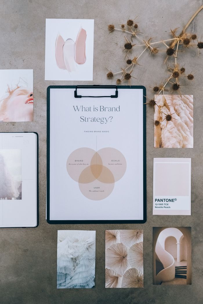 heros-img Artistic flat lay featuring a brand strategy chart surrounded by design elements and neutral tones.